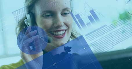 Poster - Image of statistics and data processing over caucasian businesswoman using phone headset