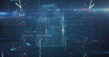 Poster - Image of data processing and padlock on blue background