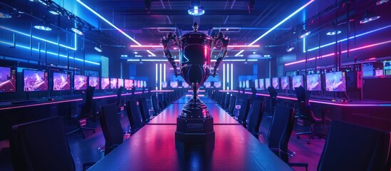 A huge trophy standing in the middle of an esports arena with long tables on both sides full of computers