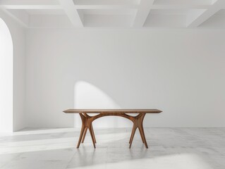 A dining table with long, curved legs made of walnut wood stands in the center of an empty white room