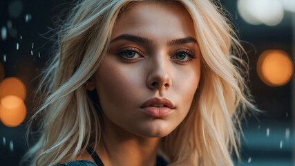 Stunning portrait of a beautiful blonde female influencer and model blonde hair highlights