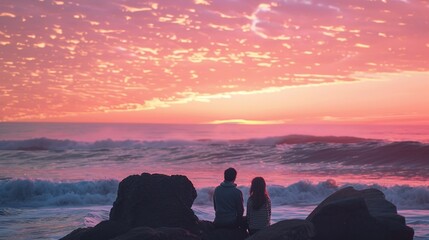 Wall Mural - A tranquil image of a couple sitting on rocks, enjoying a scenic ocean sunset with waves and a pink sky.