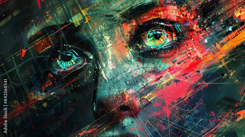 Abstract digital artwork of a human face blending with vibrant ...