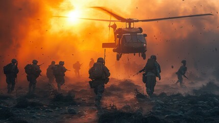 A dramatic war scene, soldiers in combat beneath a sunset skyline, rescued by helicopter amid fog