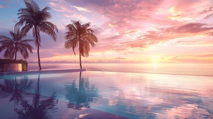 A tranquil infinity pool with palm trees overlooks the ocean at sunset, perfect for luxury travel and vacation themes.