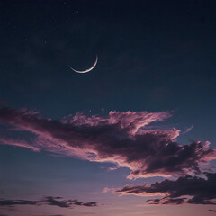 crescent moon in the night sky consisting of faint clouds with lights at dusk