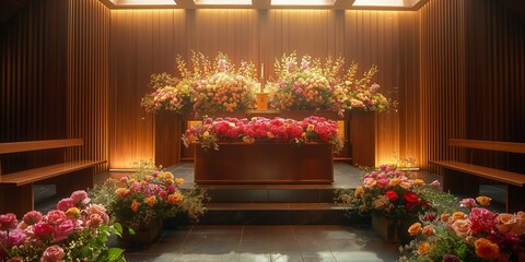 Wall Mural - In a funeral home, a memory-filled service features a poignant bouquet adorning the coffin.