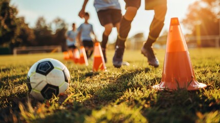 A junior soccer team leading the ball between cones during field practice on a sunny day.