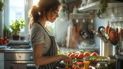 A determined young woman in a small kitchen, preparing a budget-friendly, healthy meal with basic vegetables. Generative AI.