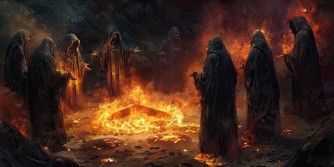 Cult of the Abyss: Demonic Cultists Gathered Around a Fiery Pit - Cultists dressed in black robes, standing around a blazing pit, chanting incantations to summon a demon from the depths