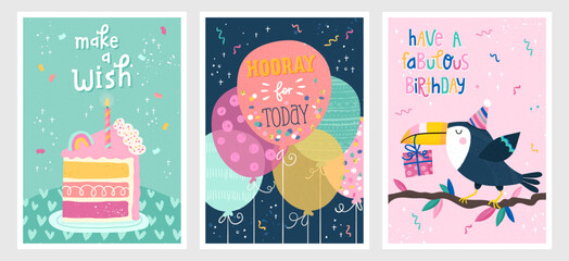 Set of birthday postcards with confetti, balloons, a cute elephant and hand writing. Invitations, happy birthday. Vector templates great for card, poster, flyer or banner