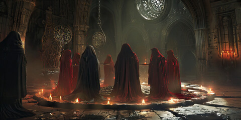 Dark Ritual: Demonic Cultists Summoning a Malevolent Force - A group of cloaked figures performing a ritual in a dimly lit chamber, surrounded by candles and symbols of the occult, as they invoke