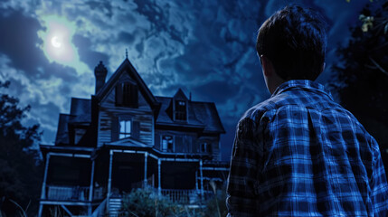 Wall Mural - A boy stands outside a large, dark house with a porch under a full moon. He wears a blue plaid shirt and is looking at the house