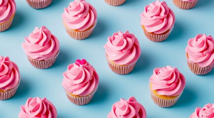 Canvas Print - Pattern with pink cupcakes on pastel blue background. Muffins with pink frosting, minimal flat lay style.