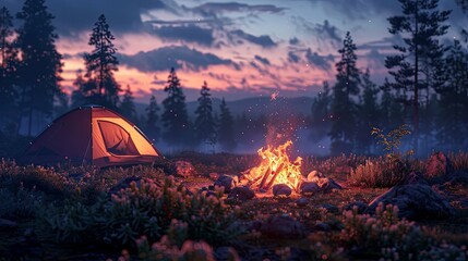 cozy camping scene with a flickering campfire. warm cozy campfire flames dance in dusk with tent cam