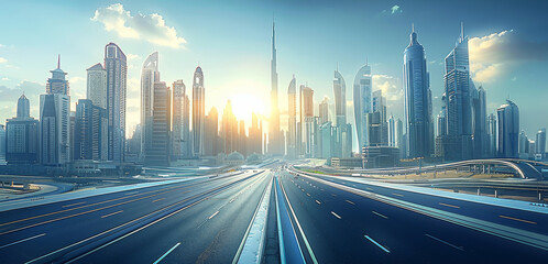 Wall Mural - A futuristic cityscape with skyscrapers and modern road, representing the company's dynamic growth in technology. The sky is clear blue with sunlight casting long shadows on buildings. Generative AI.