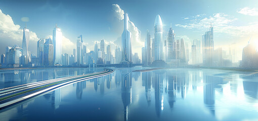 Aufkleber - A futuristic cityscape with skyscrapers and modern road, representing the company's dynamic growth in technology. The sky is clear blue with sunlight casting long shadows on buildings. Generative AI.