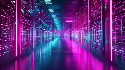 Poster - A futuristic data center illuminated by the vibrant colors of digital lines and nodes, creating a mesmerizing symphony of light and technology.
