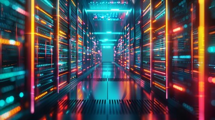 Poster - A futuristic data center illuminated by the vibrant colors of digital lines and nodes, creating a mesmerizing symphony of light and technology.