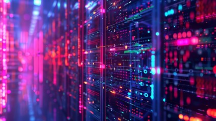 Poster - A futuristic data center illuminated by the vibrant colors of digital lines and nodes, creating a mesmerizing symphony of light and technology.