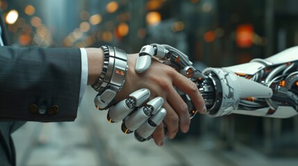 Aufkleber - A handshake between a businessperson and a robot, signifying the integration of technology and human expertise in the workplace.