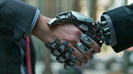 Aufkleber - A handshake between a businessperson and a robot, signifying the integration of technology and human expertise in the workplace.