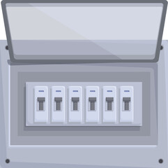 Poster - Open electrical panel showing circuit breakers for distributing and managing electricity in a residential or commercial building