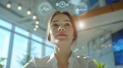 Poster - A bright and airy office interior with light streaming through the windows, A professional business woman with fair skin sits confidently. Generative AI.
