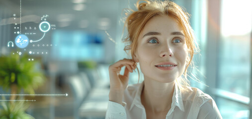 Poster - A bright and airy office interior with light streaming through the windows, A professional business woman with fair skin sits confidently. Generative AI.