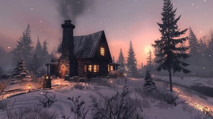 Poster - A cozy cottage in a snowy landscape, smoke rising from the chimney, surrounded by pine trees and twinkling lights 