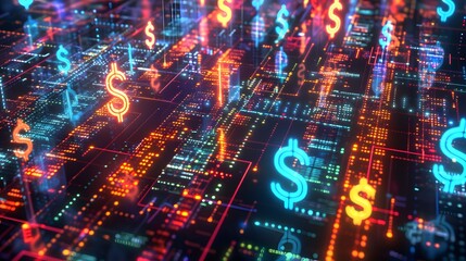 Poster - A fintech utopia where currency is represented by floating digital symbols 