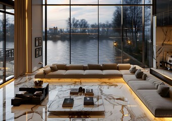 Canvas Print - Modern living room interior with large windows overlooking river