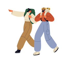 Wall Mural - hiker couple hiking. tourists walking with backpacks. campers in trekking adventure, travel. man and