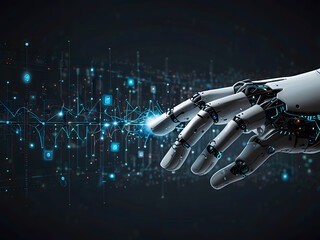 Poster - AI, Machine learning, Hands of robots and humans touching on big data network connection background, Science and artificial intelligence technology, innovation, and futuristic design