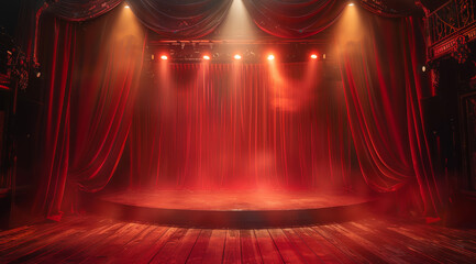 Poster - A burlesque cabaret Stage with Red Velvet Curtains, soft lighting evoking a sense of timeless, awe inspiring wonder. Generative AI.