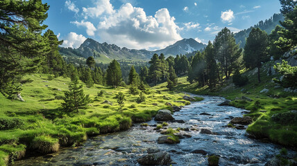 Wall Mural - Shallow stream in the midst of alpine trees on rolling hills and mountain