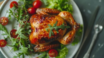 Wall Mural - A plate of chicken with greenery and cherry tomatoes