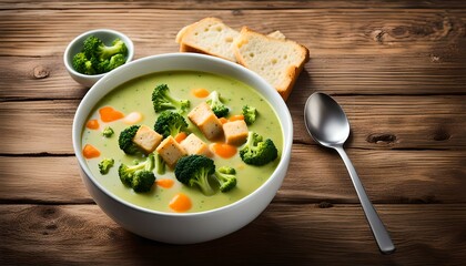 Vegetable and cheese cream soup with broccoli and croutons over wooden background with copy space - homemade healthy organic vegetarian vegan diet fresh food meal dish soup lunch
