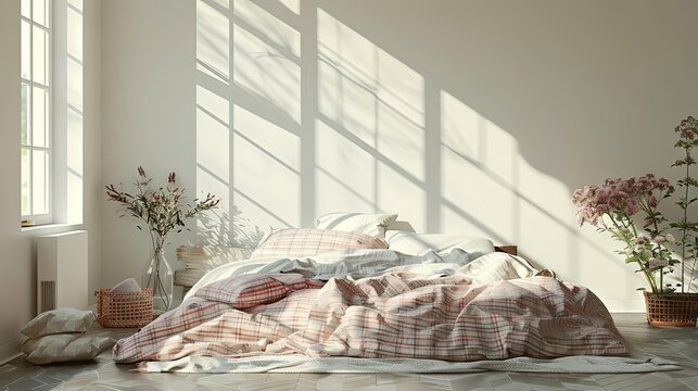 Cute and cozy home bedroom interior with unmade bed, pink plaid and cushions on empty white wall background