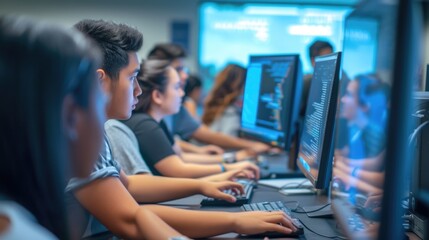focused students work on computers in a technology class, coding and developing software as part of 