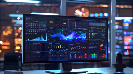 Poster - Computer monitor displaying an abstract network monitoring dashboard with real-time data analytics, graphs, and system health indicators