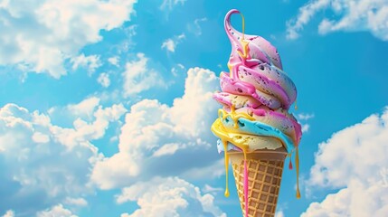 Hyper-realistic ice cream cone, colorful scoops, dripping in sky, high-resolution white clouds backdrop