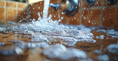 Poster - A close-up scene of a dripping faucet creating splashes on a laminate floor, showing reflections in the water puddle. Generative AI.