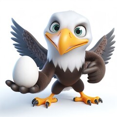 Wall Mural - a 3D Full body  funny eagle holding an egg in her hand, white background