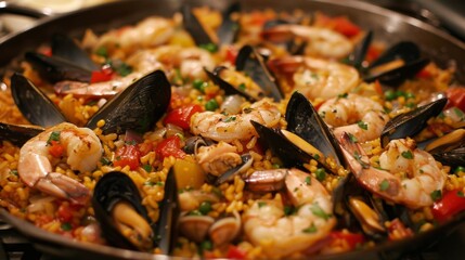 Wall Mural - Colorful Shrimp Paella in Skillet with Lime and Vegetables. Weeknight Skillet Paella