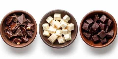 Wall Mural - Bowls of dark, milk, and white chocolate chunks. World Chocolate Day