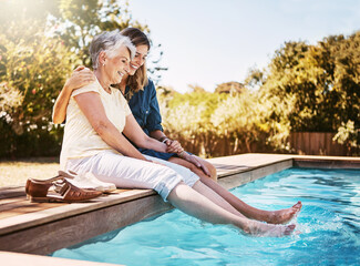 Sticker - Senior mom, woman and happiness by pool for bonding, hug or relax with lens flare in garden. Mother, daughter and outdoor with smile for wellness, family with embrace or love and feet in water