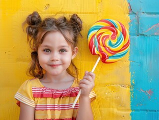 A young girl with pigtails and a striped dress smiling while holding a large colorful lollipop against a bright yellow and blue background.
