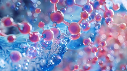 Poster - Abstract 3D Rendering of a Molecular Structure with Iridescent Bubbles and Blue Water