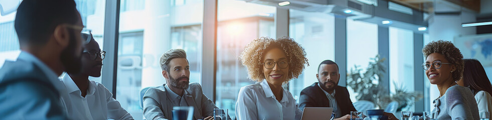 Poster - A diverse group of professionals engaged in a dynamic brainstorming session in a modern conference room. The atmosphere is one of collaboration, creativity. Generative AI.